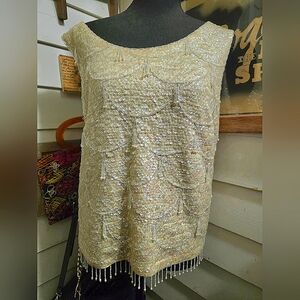 1960S VINTAGE BEADED SEQUIN WOOL LINED TOP SZ L. MISSING ON BEAD ON BOTTOM.